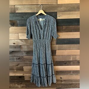 Roan + Ryan Black White Floral Smocked Maxi Dress Boho Cottagecore S